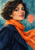 Adult woman with a short dark bob turning toward the viewer, wearing a bright tangerine scarf over a dark blue coat.