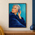 Woman with short silver-gray hair holds a cobalt-blue shell to her ear against a turquoise background with pale curved arcs.; frame shown for styling only