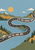 Cream uppercase slogan follows a winding dark road through a blue cut-paper landscape of hills, water, trees, and clouds; a small van appears on the lower road.