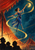 Blue-clad aerialist balancing on a rope and reaching toward a crescent lantern, with looping golden light, red-orange canopy, and audience silhouettes.