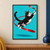 Black-and-white cat with amber eyes leaping toward a looping scarlet ribbon on a turquoise background.; frame shown for styling only