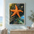 Five-armed orange sea star on wet dark rock beside blue-green tidepool water, kelp, and a small limpet.; frame shown for styling only