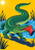 A green cartoon crocodile with a curled tail snaps at a red rubber boot above blue water, with reeds and a sun against a yellow background.