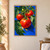 Three glossy red tomatoes with a water droplet hang among green leaves and curling stems against a blue background.; frame shown for styling only