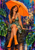 A laughing woman in a green floral dress sits beneath a large orange umbrella on a garden wall, surrounded by monstera leaves and rain.