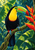 Colorful toucan with a large green, orange and red bill perched on a diagonal vine beside a red-orange heliconia-like flower amid jungle leaves.