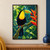 Colorful toucan with a large green, orange and red bill perched on a diagonal vine beside a red-orange heliconia-like flower amid jungle leaves.; frame shown for styling only