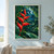 Scarlet heliconia-like flower among glossy rain-wet tropical leaves beneath a deep blue-green canopy.; frame shown for styling only