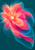 A luminous abstract flower-like burst of coral, peach, fuchsia, and blue petal forms against deep teal.