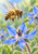 Striped bee hovering above a blue five-pointed flower with prominent stamens and pollen-like specks.