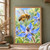 Striped bee hovering above a blue five-pointed flower with prominent stamens and pollen-like specks.; frame shown for styling only