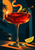 An oversized coupe with a ruby-red drink, curling citrus peel, olive on a pick, and lime wedge against a dark teal and orange background.