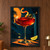 An oversized coupe with a ruby-red drink, curling citrus peel, olive on a pick, and lime wedge against a dark teal and orange background.; frame shown for styling only