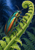 Iridescent teal-and-copper beetle climbing a curled green fern frond against a dark blue fern-patterned background, with dew beads.