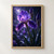 Close-up of a luminous purple iris with two upright buds and water droplets against a dark indigo background.; frame shown for styling only