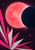 Coral-pink sphere partly eclipsed by a midnight-blue disk, with white rays, star points and an angular pink-and-silver fan below.