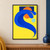 Abstract ultramarine curling wave-like shape around an orange disc, with a pale-aqua circle and navy block on a yellow background.; frame shown for styling only