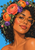 Close-up portrait of a woman with dark curly hair and round amber glasses, framed by coral, orange, and violet flowers against blue.