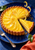 Glossy lemon tart with a slice set beside it, sugared citrus curls above and a fork, leaves and coral cloth around a deep-blue plate.