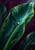 Glossy green leaf with a bright water droplet on its central vein against a deep plum background.