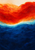 Abstract red-orange forms above a deep ultramarine field, divided by a wavering pale aqua and white seam against a cream-and-peach ground.