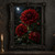 Three layered crimson dahlias among glossy dark foliage, with a small moon in the upper-left background.; frame shown for styling only