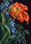 Ruffled orange-red tulip-like bloom with blue flowers, green leaves, and bright raindrops against a dark plum background.