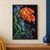 Ruffled orange-red tulip-like bloom with blue flowers, green leaves, and bright raindrops against a dark plum background.; frame shown for styling only