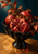 Three pomegranates, including one split to reveal ruby seeds, arranged in a glossy black bowl beneath copper-red leaves.