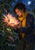 An adult woman in a dark jacket and saffron scarf holds a glowing flower among greenhouse plants beneath a moonlit glass roof.