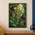 Two toucans meet around a red berry on a fruiting branch amid dense tropical foliage and a distant waterfall.; frame shown for styling only