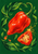 Red-orange pepper with attached green stem above a sliced seeded half, framed by green leaves and yellow-orange specks on a dark green background.