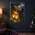 Large fuzzy honeybee hovering above a glowing hexagonal honeycomb lantern with a hanging honey droplet in a moonlit garden.; frame shown for styling only
