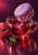 A lavender macaron rests across a clear glass cup of red tea beside raspberries, dark berries, mint, and crumbs.