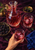 Overhead still life on deep plum fabric showing a cut-glass carafe of ruby drink, two tumblers with ice, bowls of blackberries, a hand holding a tumbler, cobalt cloth, and flowers.