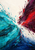 Thick turquoise and plum-scarlet painted currents collide around a bright central opening, with scattered flecks and deep blue along the bottom.