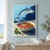 Silver-blue patterned fish leaping over a ceramic bowl of red tomato broth with tomato pieces, herbs and splashes on a pale aqua background.; frame shown for styling only
