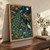 Jewel-toned peacock with a broad descending tail above a lotus pool, with a white egret and full moon in a garden.; frame shown for styling only