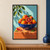 Whole and halved oranges piled in a deep blue bowl on a terracotta block beneath leafy branch shadows against a pale aqua wall.; frame shown for styling only