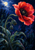 A coral-red poppy with a dark center bends on a curved stem beside two hanging seed pods and sweeping foliage beneath a pale moon.