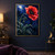 A coral-red poppy with a dark center bends on a curved stem beside two hanging seed pods and sweeping foliage beneath a pale moon.; frame shown for styling only