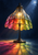 Freestanding stained-glass-style lamp with a glowing bulb and colorful canopy, casting pink, amber, and chartreuse reflections across the floor beneath a moonlit blue sky.
