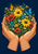 Two open hands cradle a colorful bouquet of wildflowers as an orange-and-black butterfly and a blue butterfly hover above.