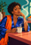 Illustrated woman in a cobalt robe and orange scarf holding a steaming cup with a spoon across the rim at a coral kitchen counter.