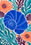 Large cobalt spiral shell with white rib lines among stylized turquoise sea plants, plum anemone-like shapes, and coral-orange accents.