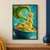 Golden noodles spiral above a large turquoise bowl as a green pesto-like cascade curls overhead, with basil, tomato, and pale cheese flakes.; frame shown for styling only