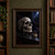Human skull beside a folded blue and crimson sash and a round medal on a dark tabletop, with a moonlit opening behind.; frame shown for styling only