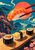 Salmon nigiri held in chopsticks above a wooden board with salmon maki, tamago nigiri and cucumber maki, against a coastal backdrop.