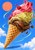 Diagonal waffle cone with three twisting raspberry, pistachio, and chocolate gelato scoops, surrounded by berries and mint-green arcs.