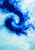 A deep-blue pigment cloud curls around a pale opening and branches into wisps and bubbles against a pale aqua field.